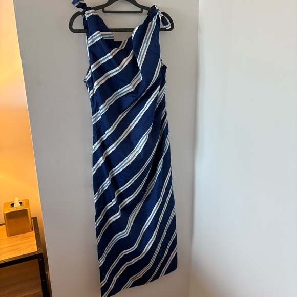 Mango Tie Shoulder 100% Cotton Striped Print Gathered Waist Side Slit Dress NWT - Picture 10 of 13